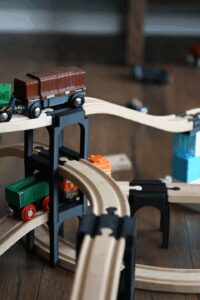 wooden train stackable riser support brio ikea